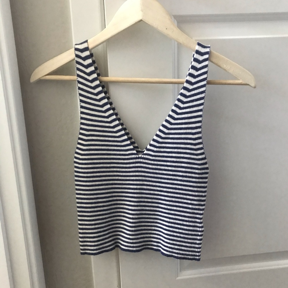 Navy Blue & White Crop Top | Sleeveless | V-Neck